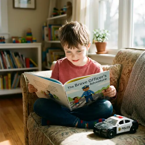Inspiring Young Caucasian Boy Enthralled by Children's Police Officer Storybook
