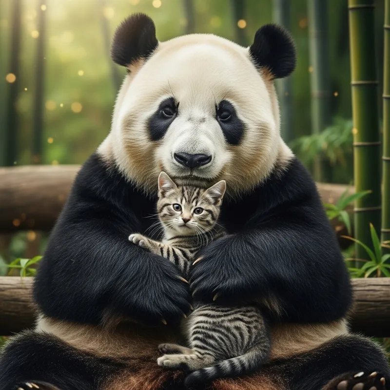 Panda Cuddles with Adorable Cat