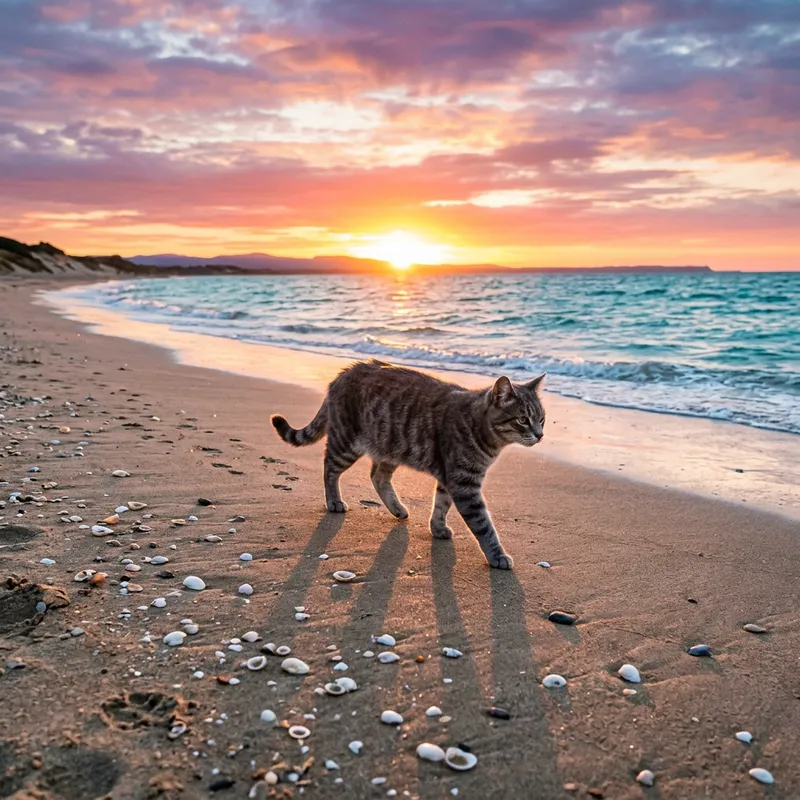 Cat Walking on the Beach at Sunset | Ocean Breeze and Seashells