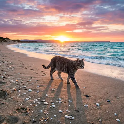 Grey Striped Cat Beach Sunset | Ocean Breeze Seashells