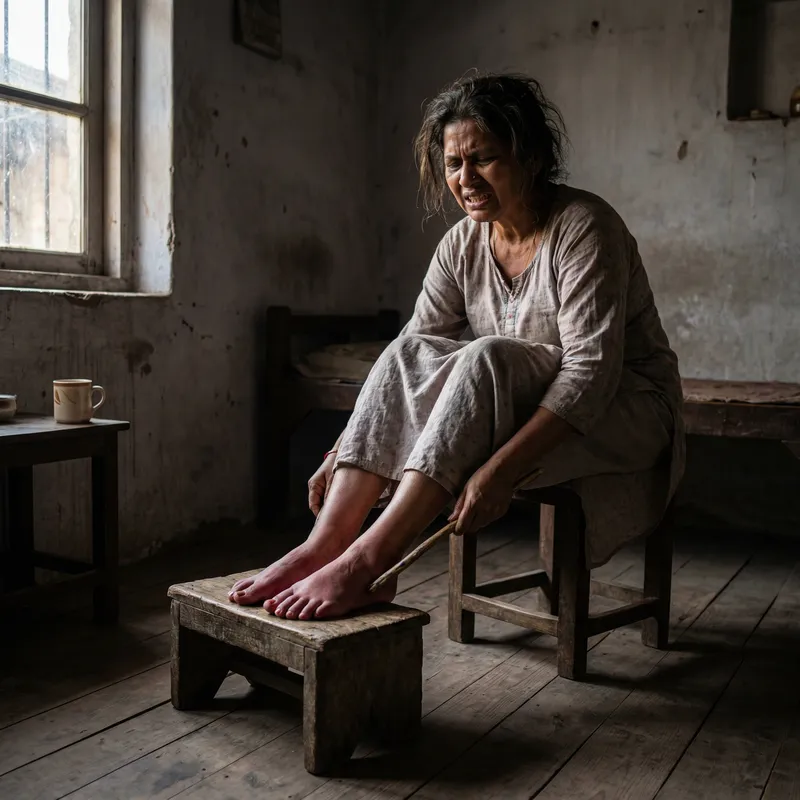 Woman Using Stick to Relieve Swollen Feet - Painful Home Remedy