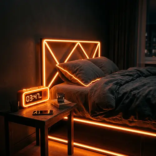 Orange Neon Alarm Clock and Bed