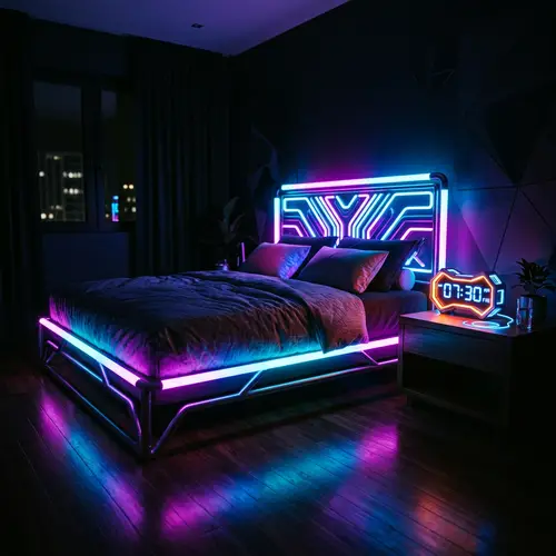 Neon Alarm Clock and Bed | Vibrant Glow Imagery