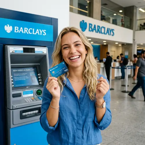 Happy Brazilian Woman with Barclays Credit Card
