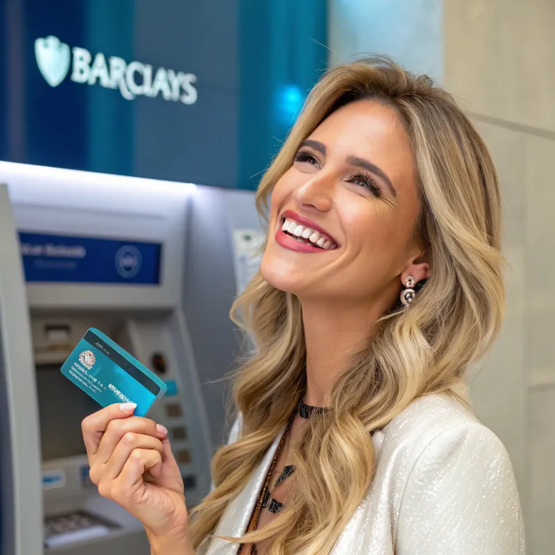 Happy Brazilian Woman with Barclays Credit Card