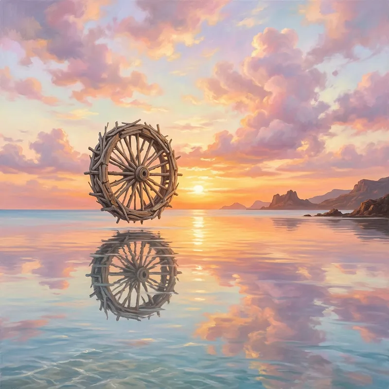 Whimsical Driftwood Wheel Over Flying Clouds at Calm Sea Whimsical Driftwood Wheel Over Flying Clouds at Calm Sea
