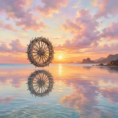 Whimsical Driftwood Wheel Over Calm Sea at Sunset
