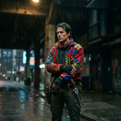 Movie Protagonist Seeking Revenge in Vivid Outfit on Dark Background