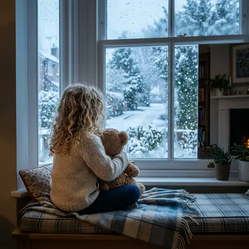 Adorable Caucasian Girl Marveling at Snowfall with Plush Toy