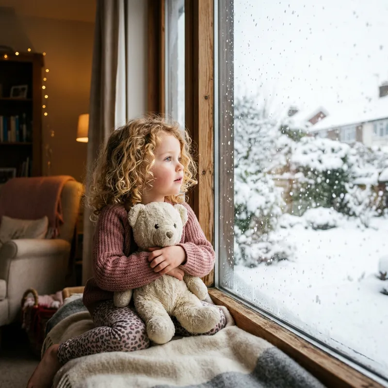 Adorable Girl with Blond Curls Hugging Toy, Looking at Snow