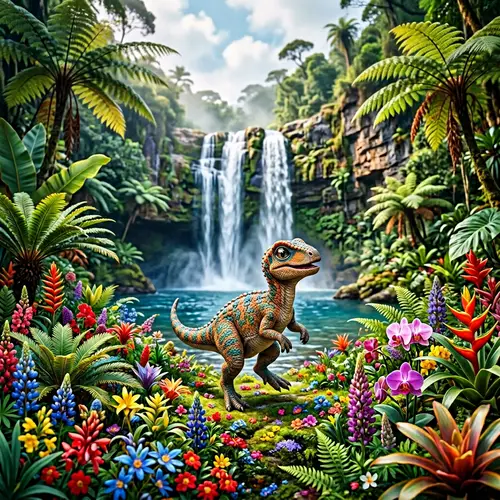 Vibrant Prehistoric Landscape with Baby Dinosaur