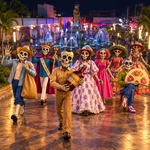 Pixar-Style Animation of Plaza with Skeleton Characters