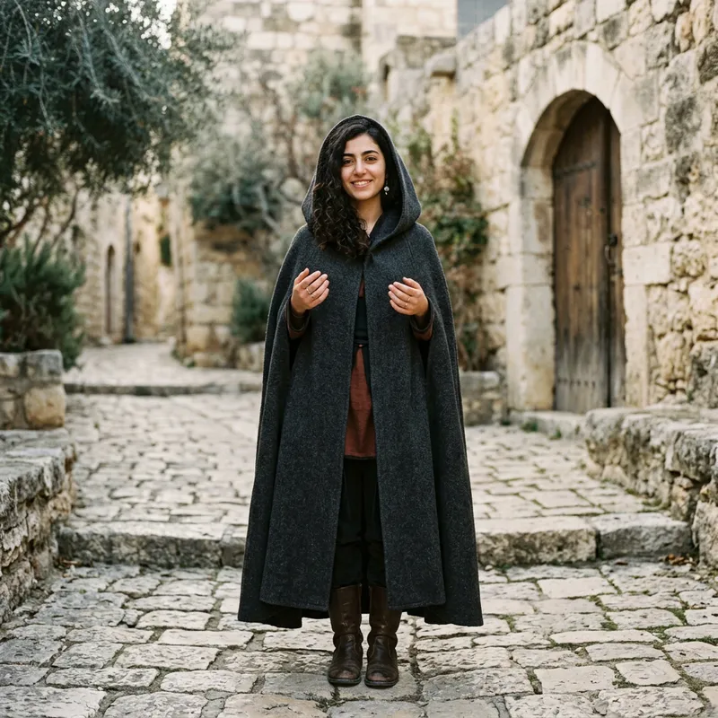 20-Year-Old Girl in Cloak with Hood Up | Full-Body Portrait