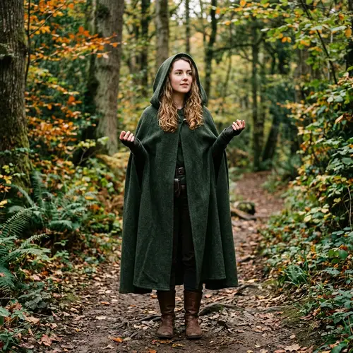 Stylish 20-year-old Caucasian woman in cloak with hood