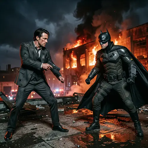 Intense Combat Scene: Slick-Haired Man vs. Caped Vigilante