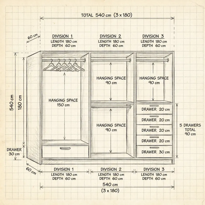 Detailed Wardrobe Layout Design and Specifications