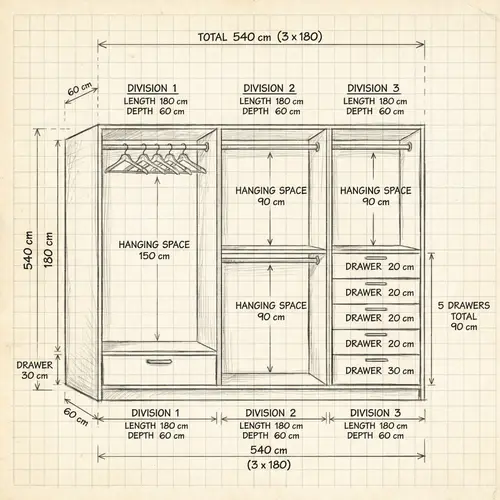 Detailed Wardrobe Layout Design and Specifications