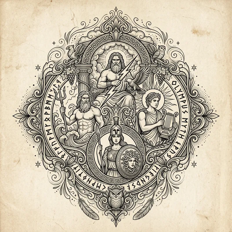 Mythological Tattoo Design with Olympian Gods and Runes