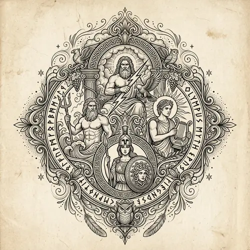 Mythological Tattoo Design with Greek Deities & Runic Symbols
