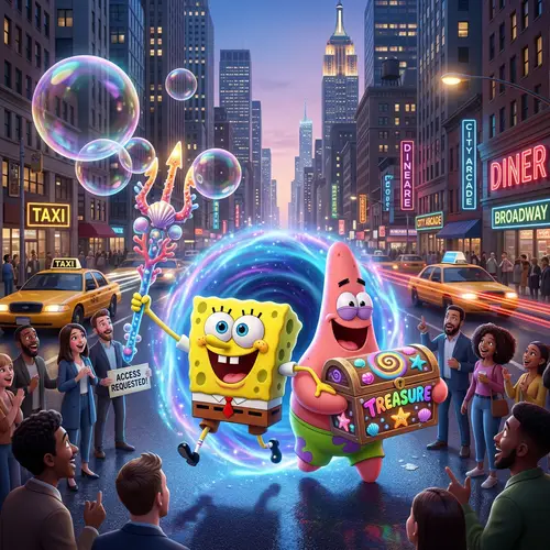 Spongebob & Patrick Make a Whimsical Entrance in a City - Hyper Real Scene