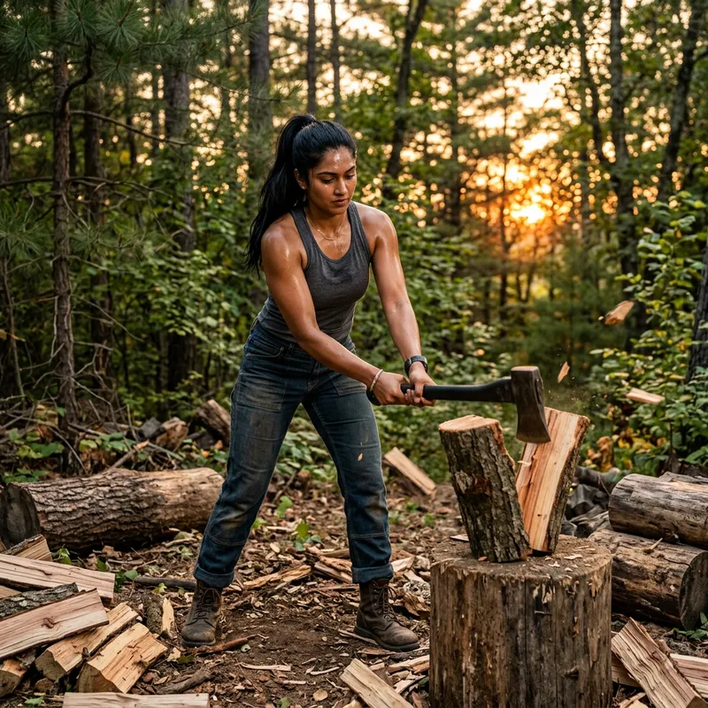 Strength in Action: South-Asian Woman Chopping Wood