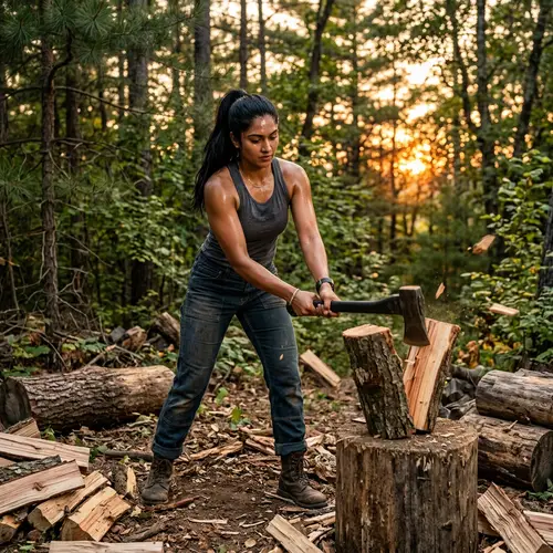 Empowering South-Asian Woman Chopping Wood | Rustic Forest Scene