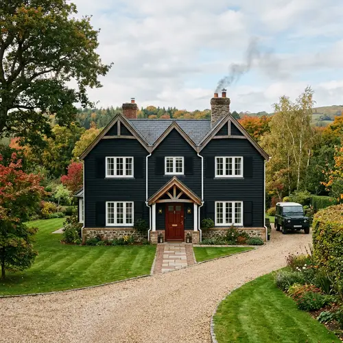 Classic Black Traditional House with Gabled Roofs and Stone Foundations