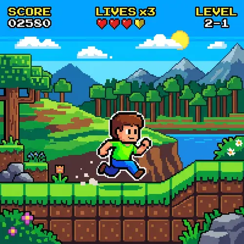 8-Bit Pixelated Character Running in Sandbox Video Game Landscape