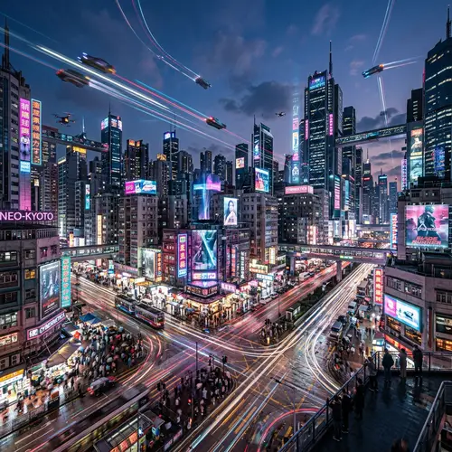 Futuristic Metropolis: Neon Illuminations & High-Rise Cityscape