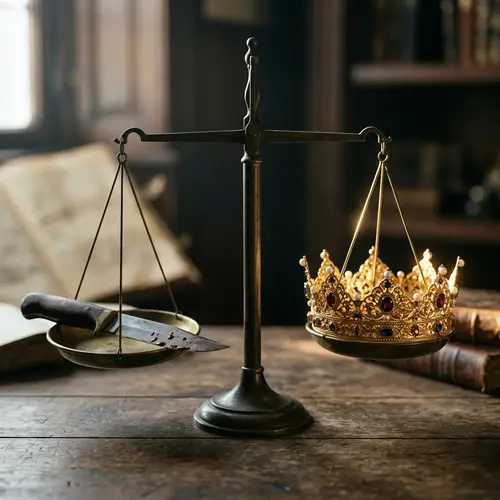 Balance Scale with Bloodied Knife and Regal Crown