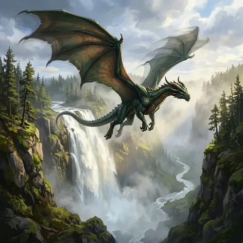 Majestic Dragon Soaring Over Cascading Waterfall