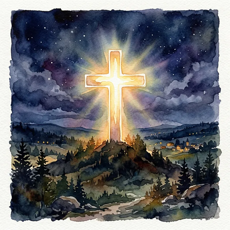 Glowing Christian Cross in Watercolor Art