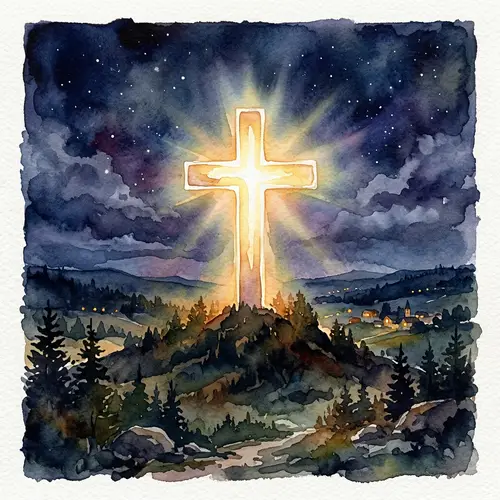 Glowing Christian Cross in Watercolor Art