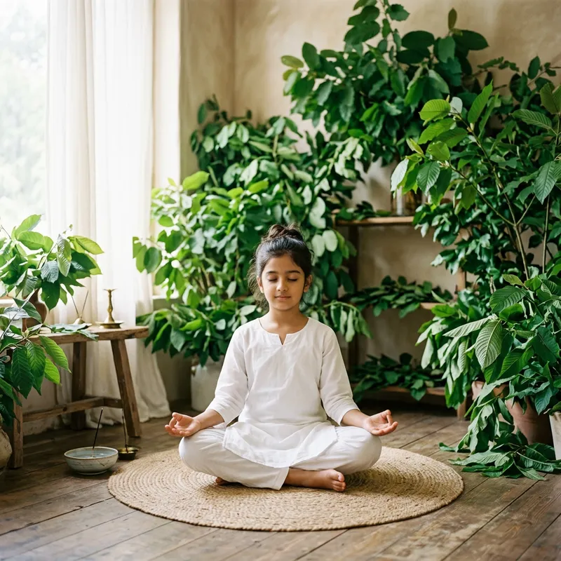 Serenity: Meditating South Asian Girl with Green Kratom Leaves