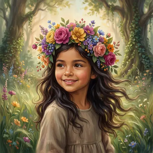 Whimsical Portrait of a Hispanic Girl with Multicolored Flower Crown