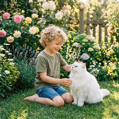 Playful Bond Between Boy and Fluffy Persian Cat