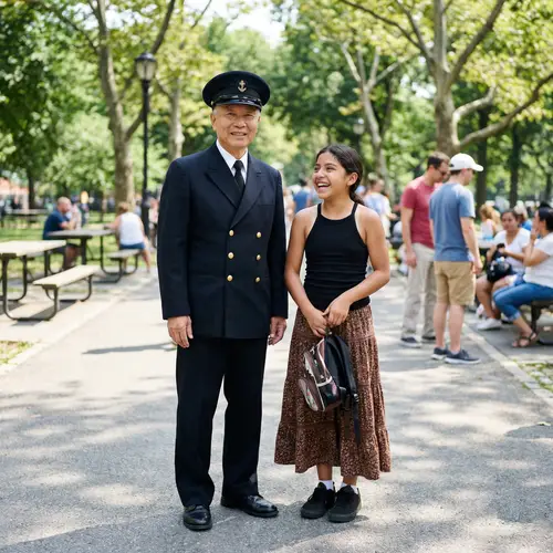 Asian Man in Traditional Seaman's Uniform with Hispanic Girl in Casual Attire