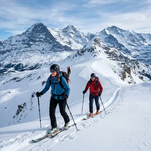 Couple Skiing Up a Mountain: A Scenic Adventure