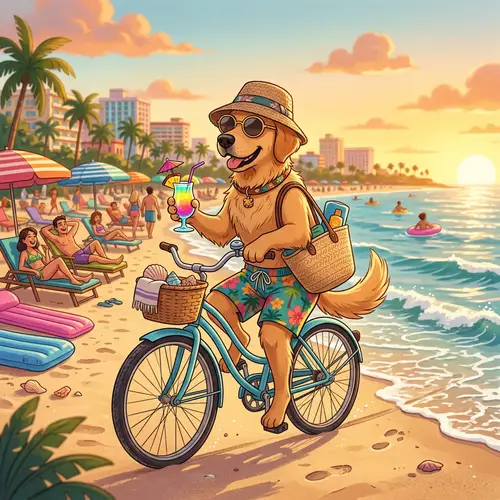 Stylish Beach Dog on Vintage Bicycle | Beach Resort Fun