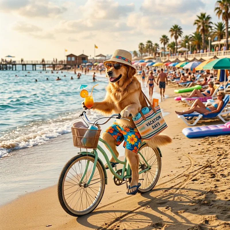 Whimsical Dog on Beach Bike Ride | Colorful Vacation Vibes