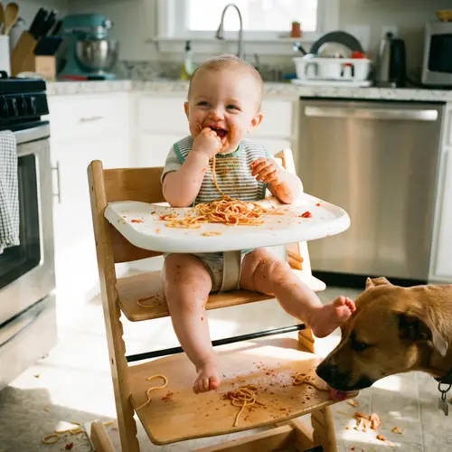 Baby Eating in a High Chair - Happy Moments