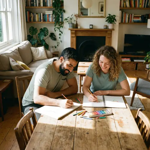 Peaceful Drawing Activity by Diverse Couple at Rustic Table