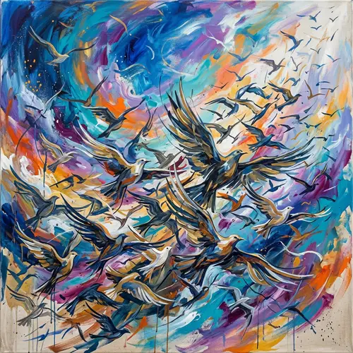 Abstract Flock of Birds in Vibrant Flight