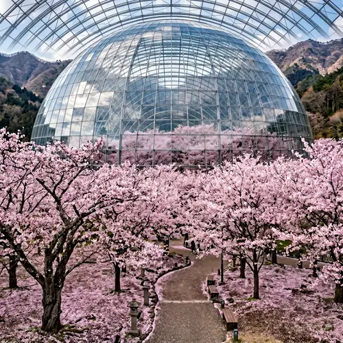 Lush Sakura Forest Under Glass Dome - Realism
