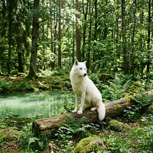 Tranquil Forest Scene with Majestic White Wolf