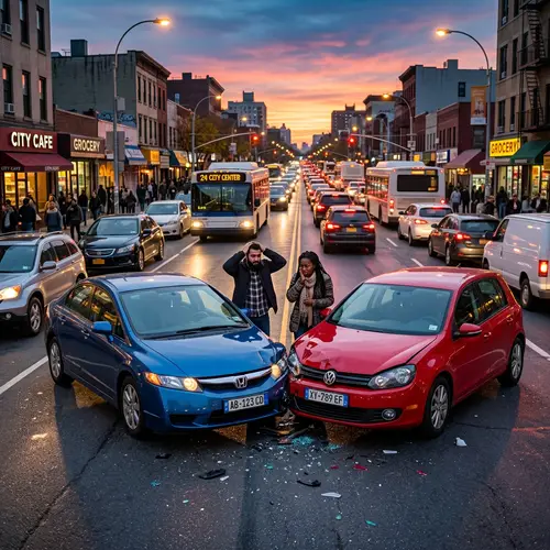 Road Accident on Busy City Street at Dusk