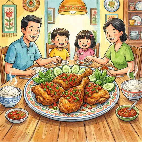 Delicious Ayam Gepuk: Joyful Family Serving Illustration