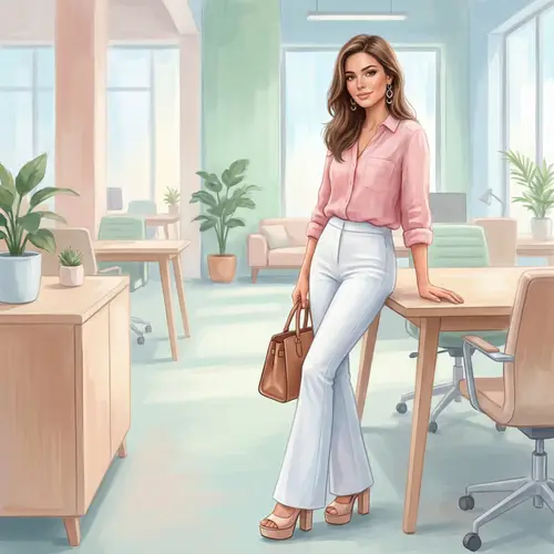 Chic Office Style: Pink Shirt & White Bell-Bottoms
