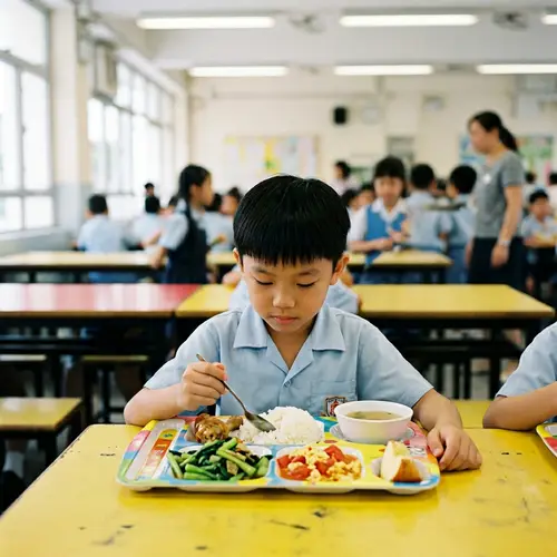 Alone Chinese Kid in Colorful Cafeteria | Thoughtful Moment