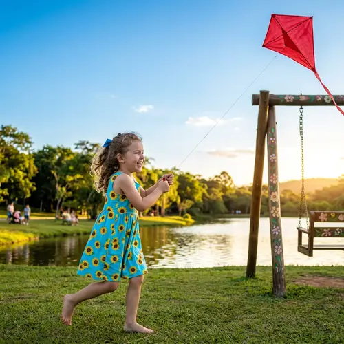 Young Girl Playing in Sunlit Park with Red Kite
